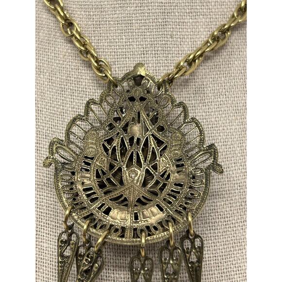 Vintage Gold Tone Dangle And Fringe Medallion Necklace - Picture 4 of 8